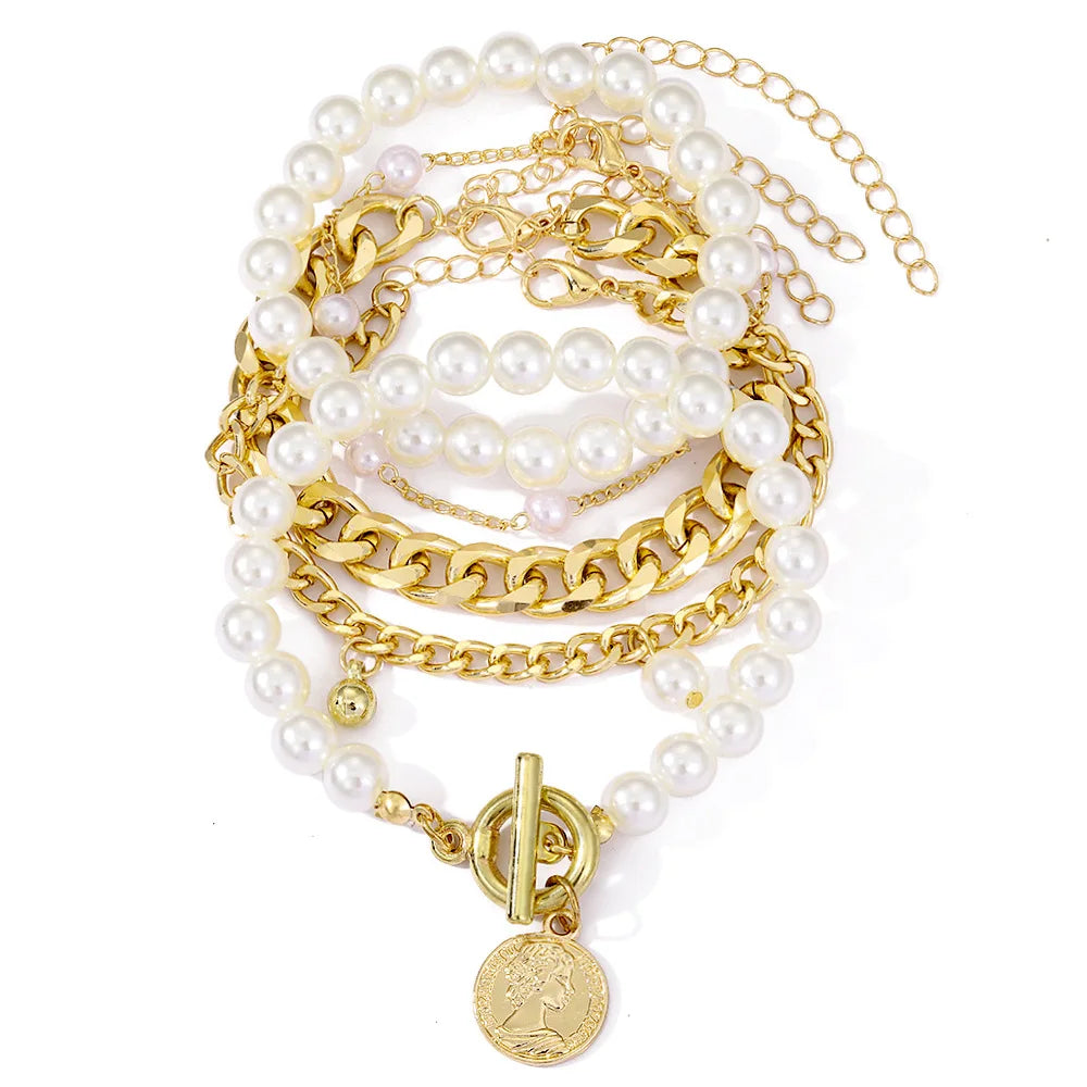 Boho Fashion Bracelets Women Vintage Geometric Pearl Human Head Coin Pendant Gold Jewelry Fall Gift