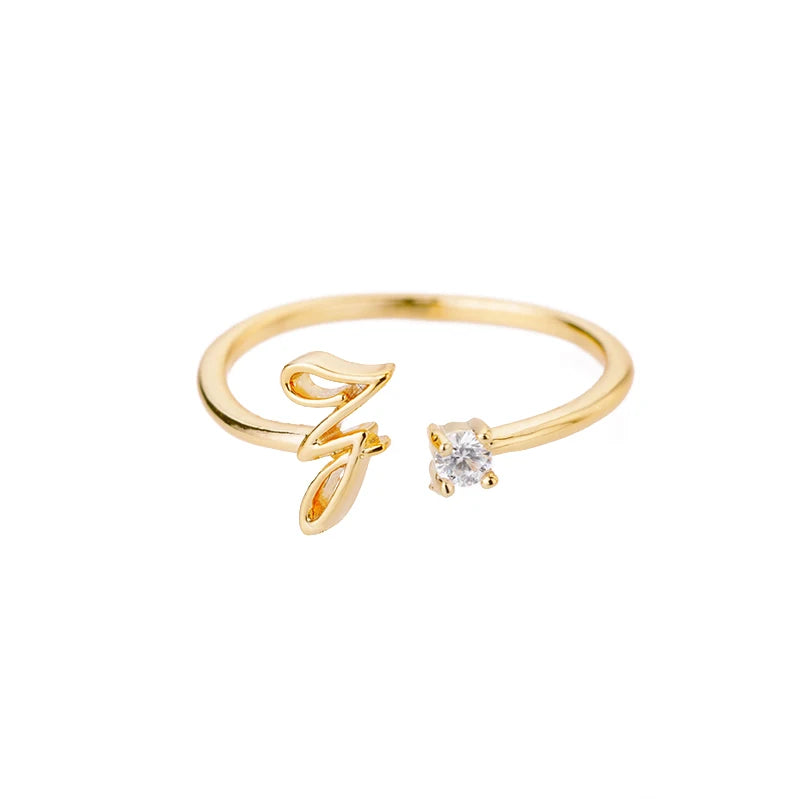 A-Z Initial Open Adjustable Wedding Trendy Crystal Zircon Gold Couple Women Rings Jewelry Gift