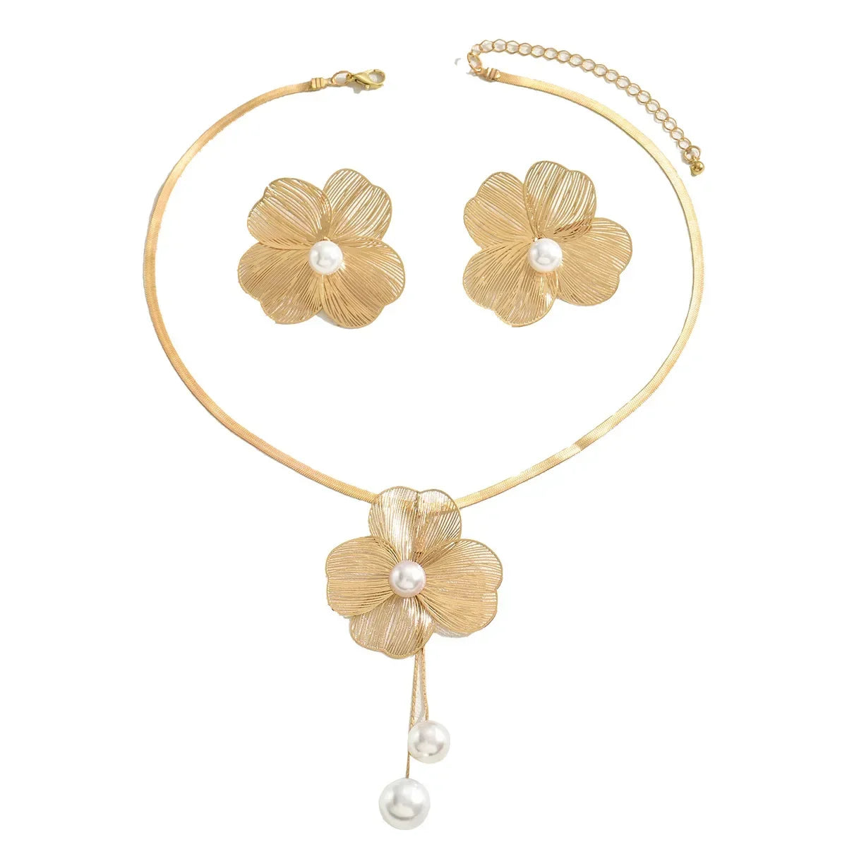 European White Flowers Inlaid Pearl Design Elegant Hanging Necklace Earrings Gold Women Jewelry Set