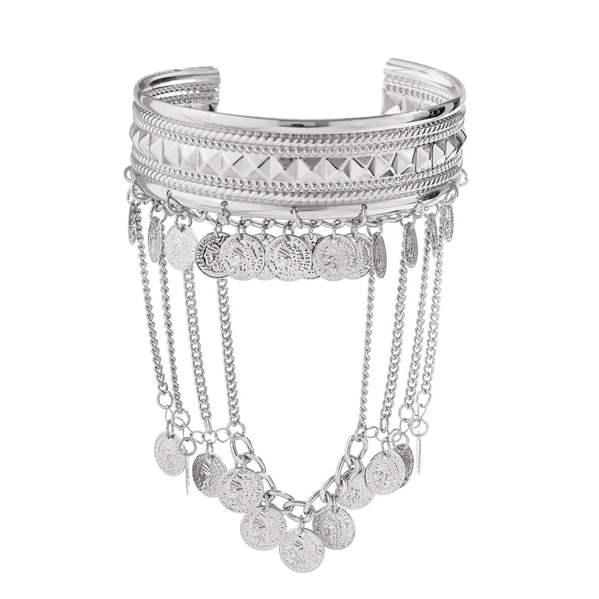 Trendy Metal Coin Leaf Chain Tassel Gold Silver Women Upper Arm Bangle Cuff Bracelet Armlet Armband