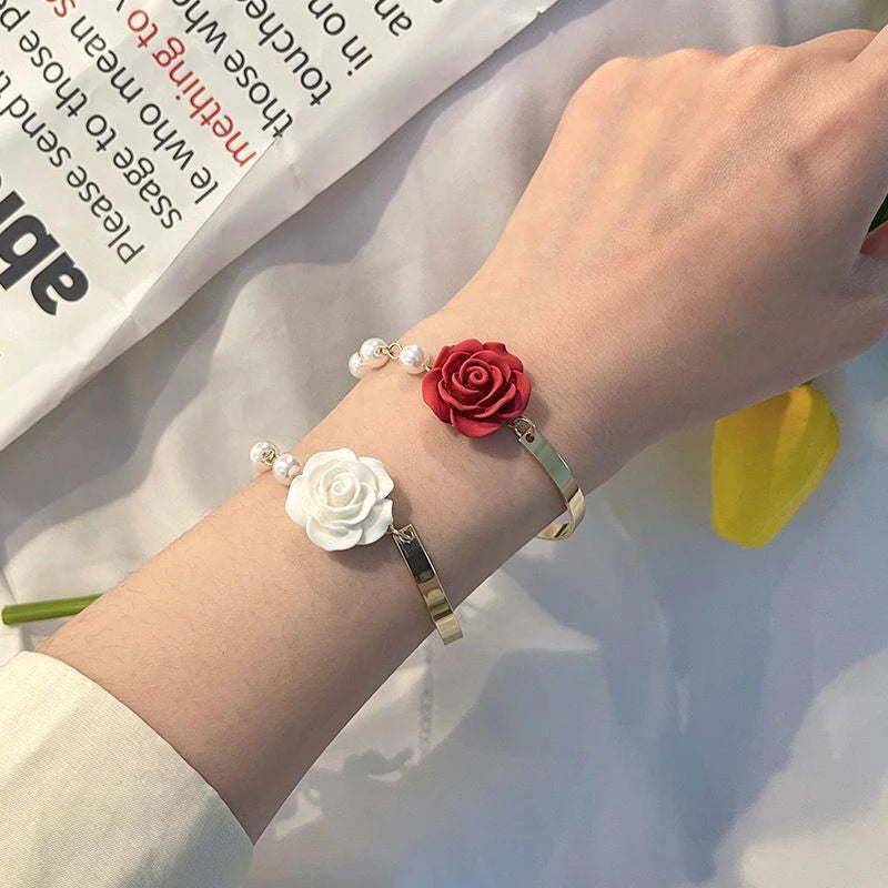 Korean Style Red White Rose Imitation Pearl Light Luxury Adjustable Cuff Gold Women Bracelet Jewelry