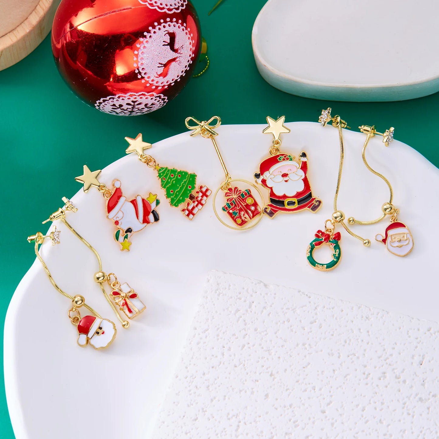 Trendy Asymmetric Enamel Christmas Tree Star Gift Box Santa Tassel Stud Women Earrings Jewelry Gifts