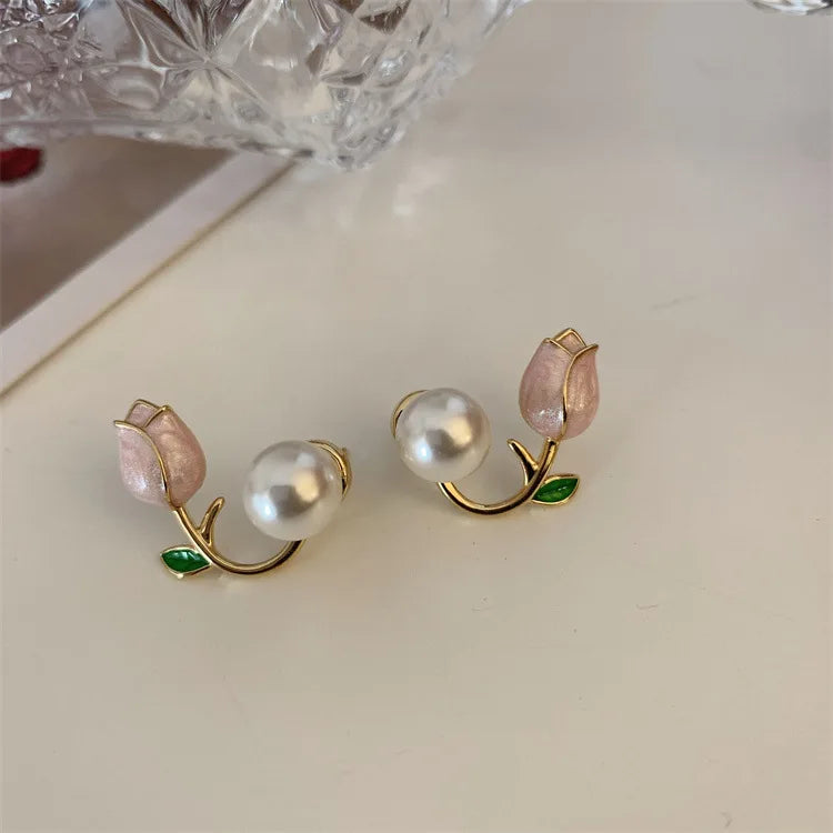 Sweet Fashion Enamel Pearl Tulip Flower Korean Zircon Back Hanging Gold Women Earrings Jewelry Gifts