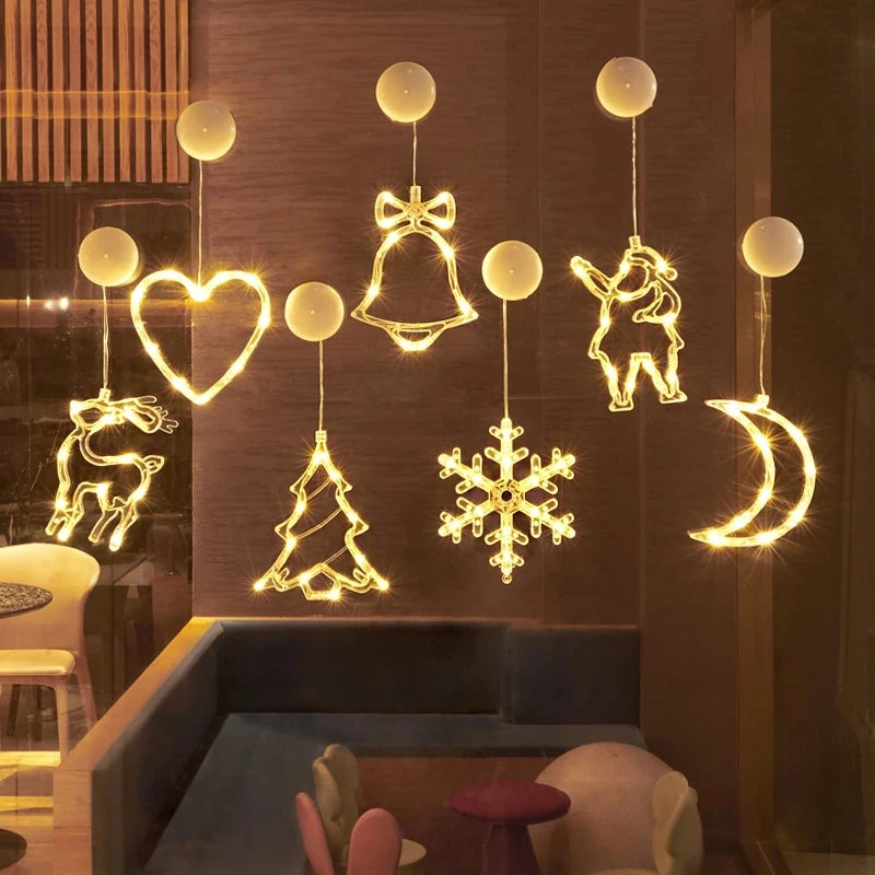 Christmas LED Light Snowflake Santa Deer Hanging Sucker Lamp Window Ornaments Decoration Xmas Gifts