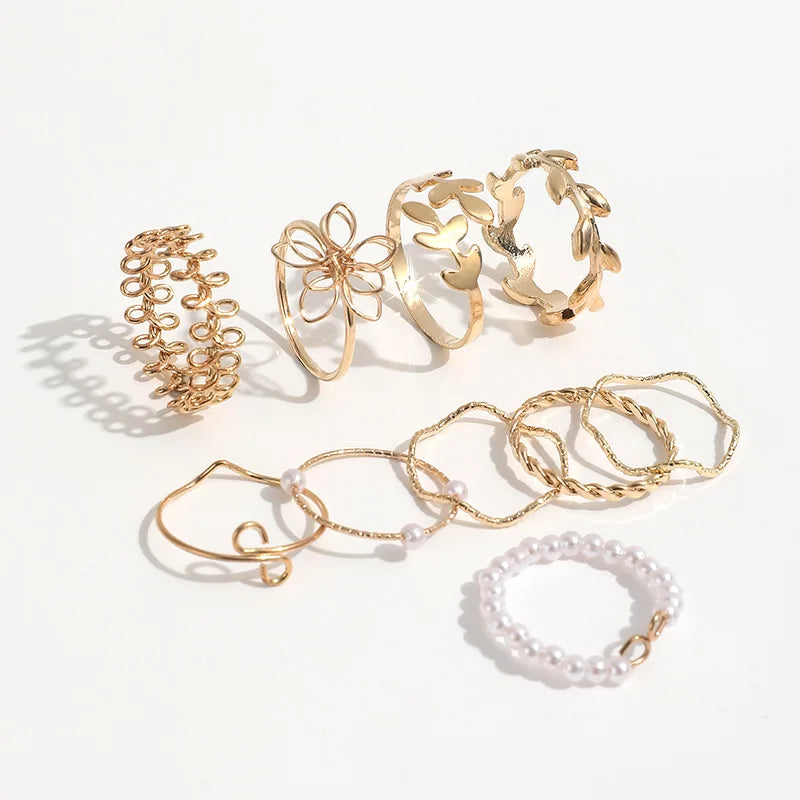 10pcs/set Bohemian Hollow Flower Simple Glossy Leaf Vine Imitation Pearl Gold Women Rings Set