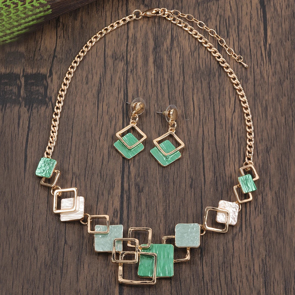 Fashion Simple Drip Oil Geometric Trendy Daily Party Necklace Earrings Gold Silver Women Jewelry Set