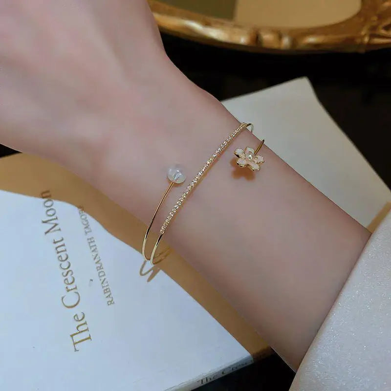 Luxury Zircon Flower Imitation Pearl Opening Gold 3 Layers Fashion Women Bracelet Bangle Jewelry
