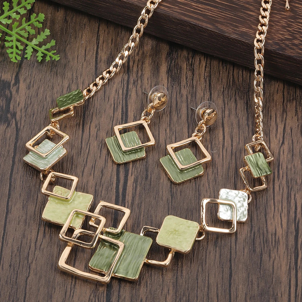 Fashion Simple Drip Oil Geometric Trendy Daily Party Necklace Earrings Gold Silver Women Jewelry Set