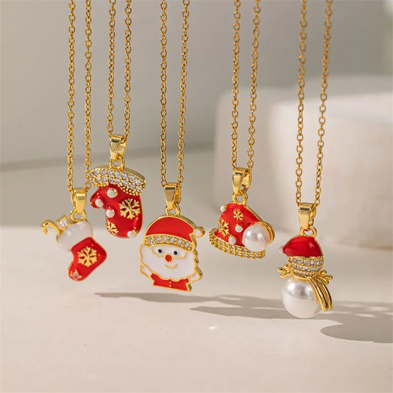 Christmas Fashion New Santa Claus Sock Gloves Pendant Gold Women Necklace Neck Chain Jewelry Gift