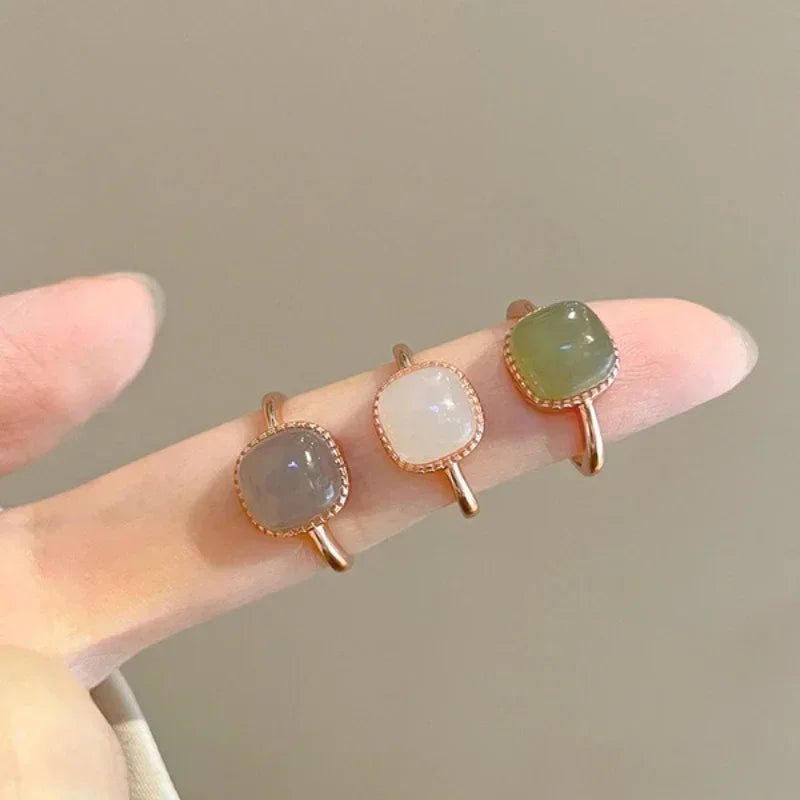 New Imitation Jade Retro Fashion Sweet Finger Simple Adjustable Open Gold Women Rings Jewelry Gift