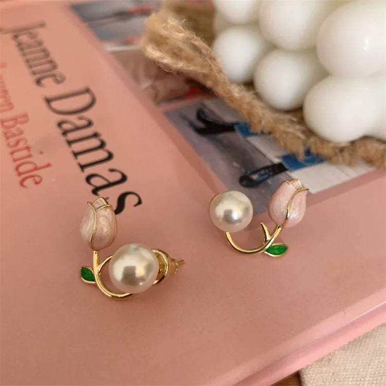 Sweet Fashion Enamel Pearl Tulip Flower Korean Zircon Back Hanging Gold Women Earrings Jewelry Gifts