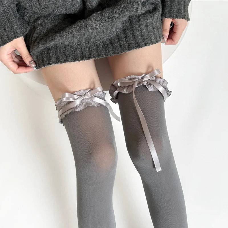 Lace Ruffle Long Sweet Lolita Lace Over The Knee Bowknot Hosiery Black White Women Socks Stockings