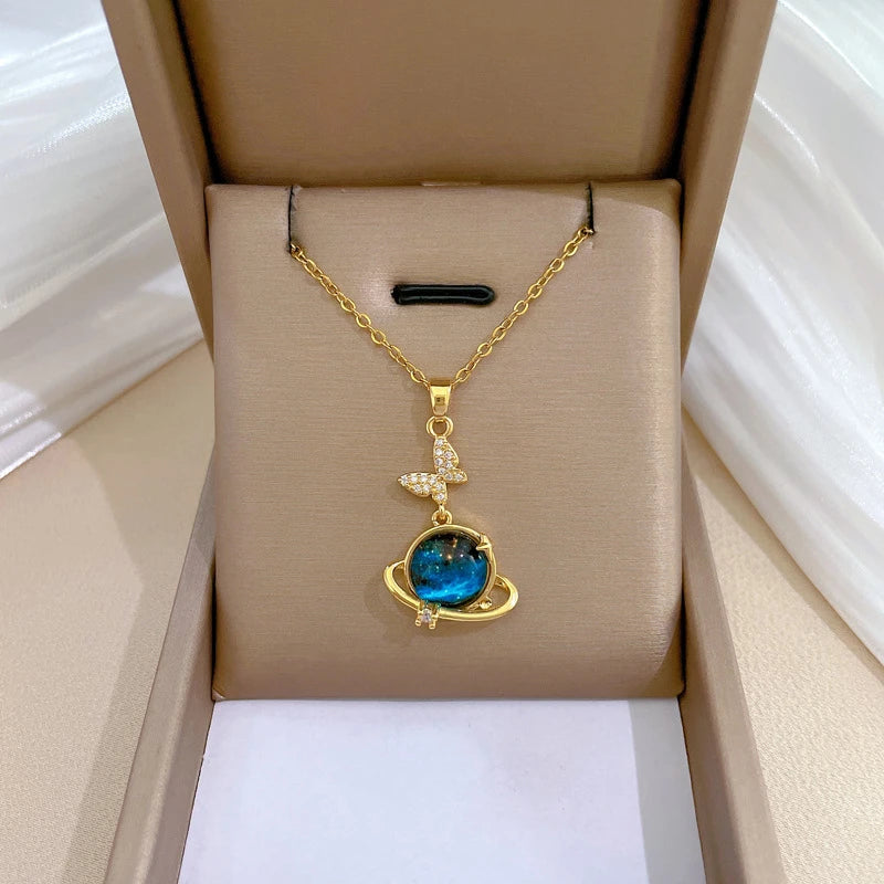 Gold Heart Moon Pendant Shiny Zircon Planet Water Drop Clavicle Choker Women Necklace Jewelry Gifts