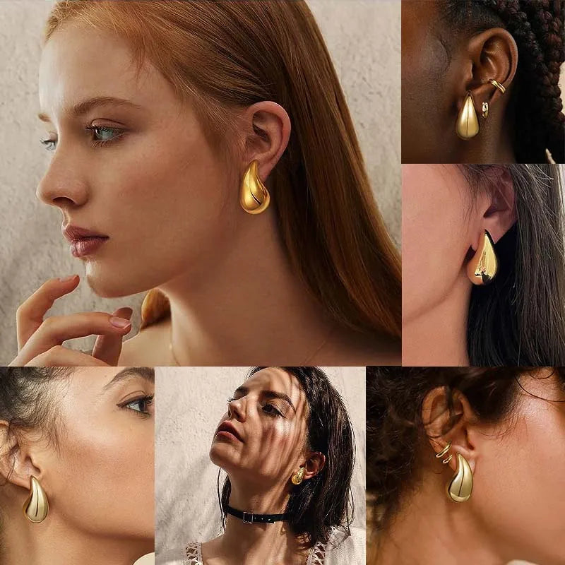 Vintage Fashion Metal Glossy Thick Chunky Teardrop Waterdrop Stud Gold Silver Women Earrings Gifts