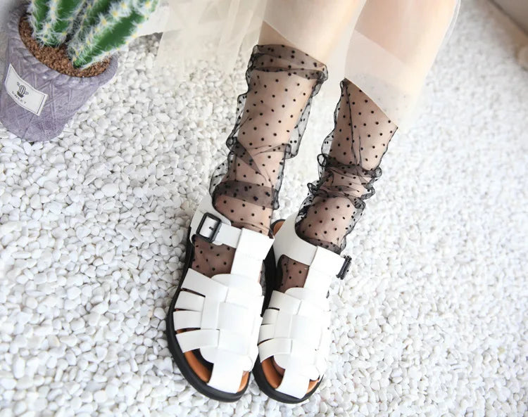 Sexy Dot Lace Transparent Mesh Ankle Ultra-Thin Princess Tulle Black White Grey Girls Women Socks
