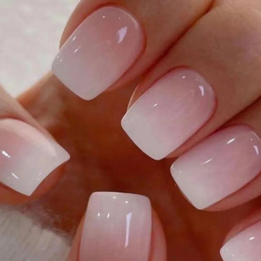 24pcs Simple Square Jelly Glue Gradient French Press on Fake False Nails Short Full Cover Nail Tips