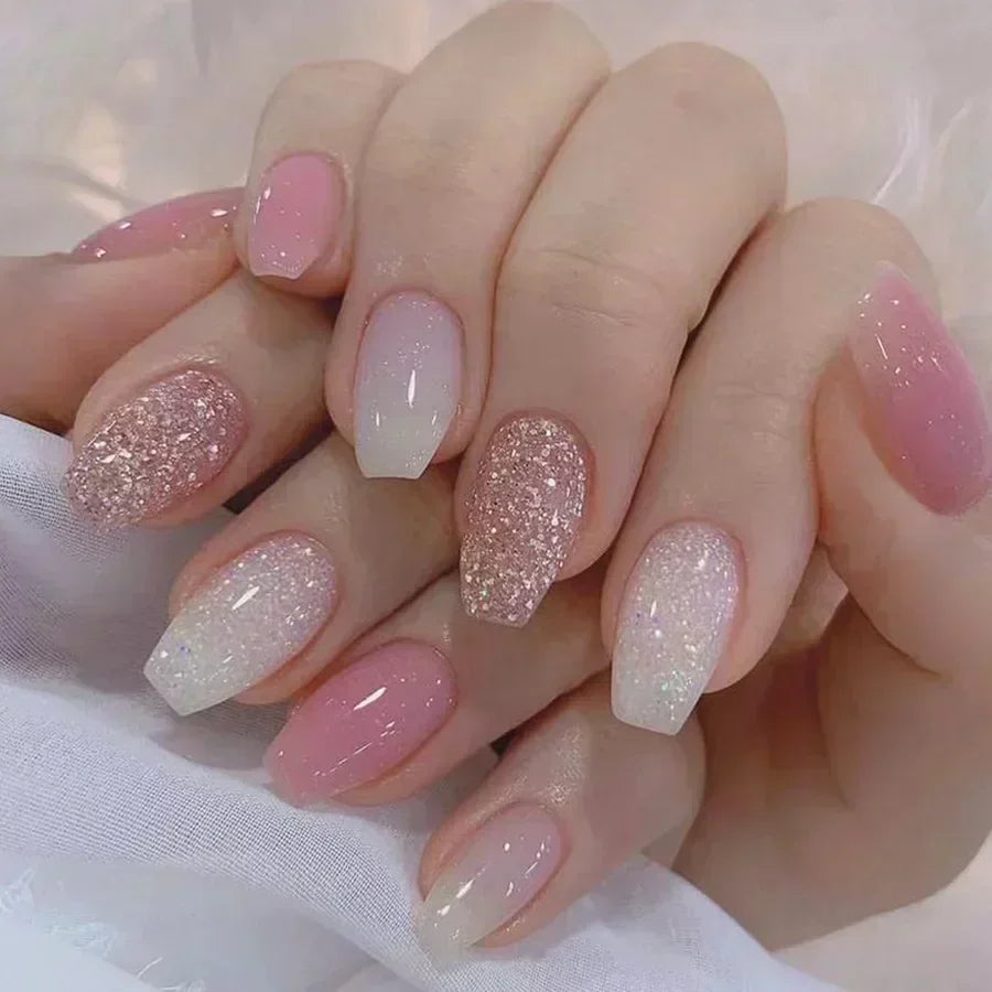 24Pcs Short Square Coffin French Glitter Acrylic Fake Nails Tip with Glue Women Press on Nails Gift
