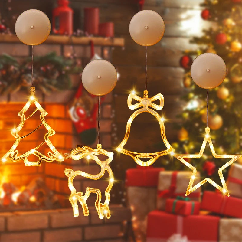 Christmas LED Light Snowflake Santa Deer Hanging Sucker Lamp Window Ornaments Decoration Xmas Gifts