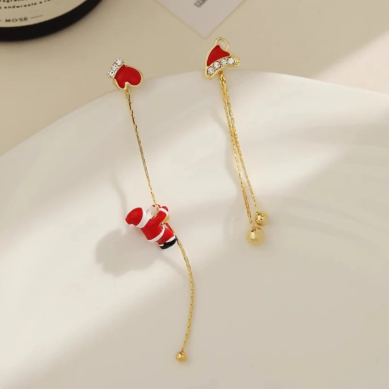 Asymmetric Snowflake Christmas Boot Hat Moving Santa Claus Long Tassel Gold Women Drop Earrings Gift