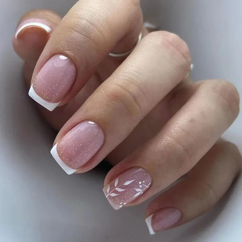 24pcs Shiny Pearl Wearable Short Square Simple Detachable Full Cover Tips False Fake Press on Nails