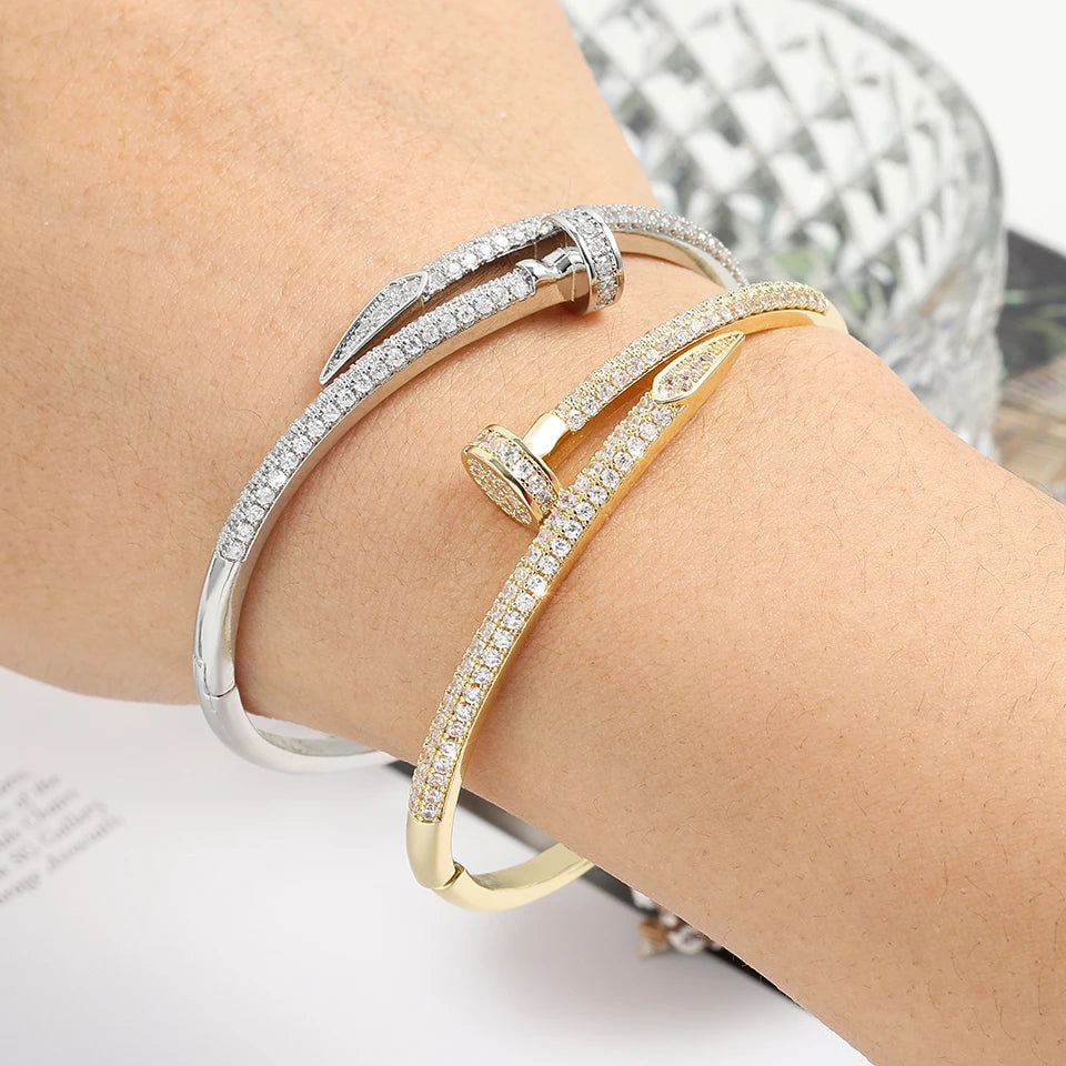 New Zircon Nail Open Fashion Crystal Inlaid Adjustable Silver Gold Women Bracelet Bangle Jewelry
