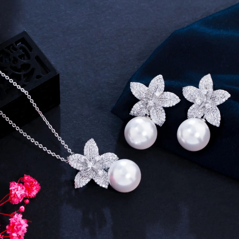 Pearl Flower Fairy Sweet Elegant Micro-Embedded Necklace Earrings Gold Silver Women Jewelry Set