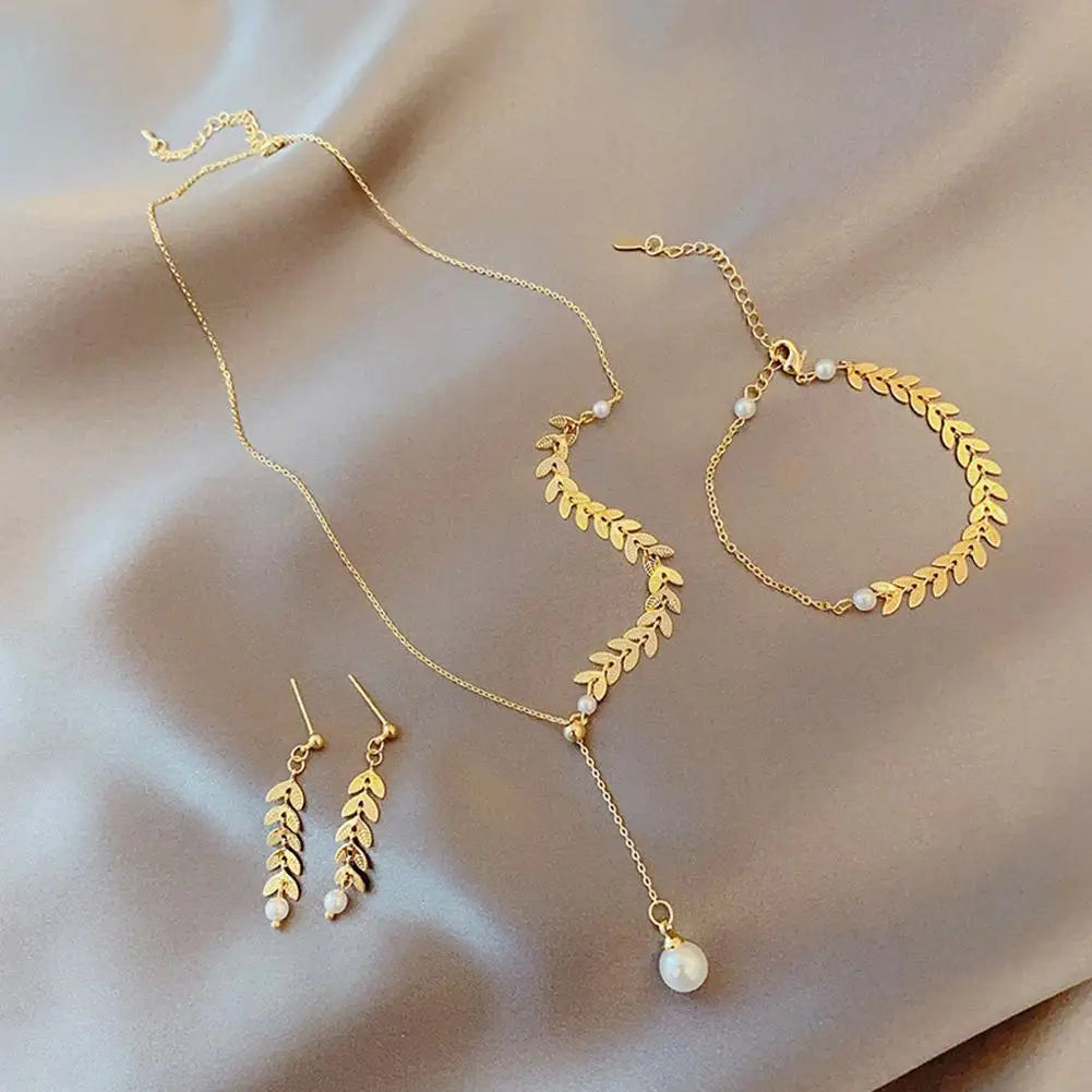 New Simple Wheat Ear Pearl Temperament Lucky Gold Charm Women Bracelet Necklace Earrings Jewelry Set