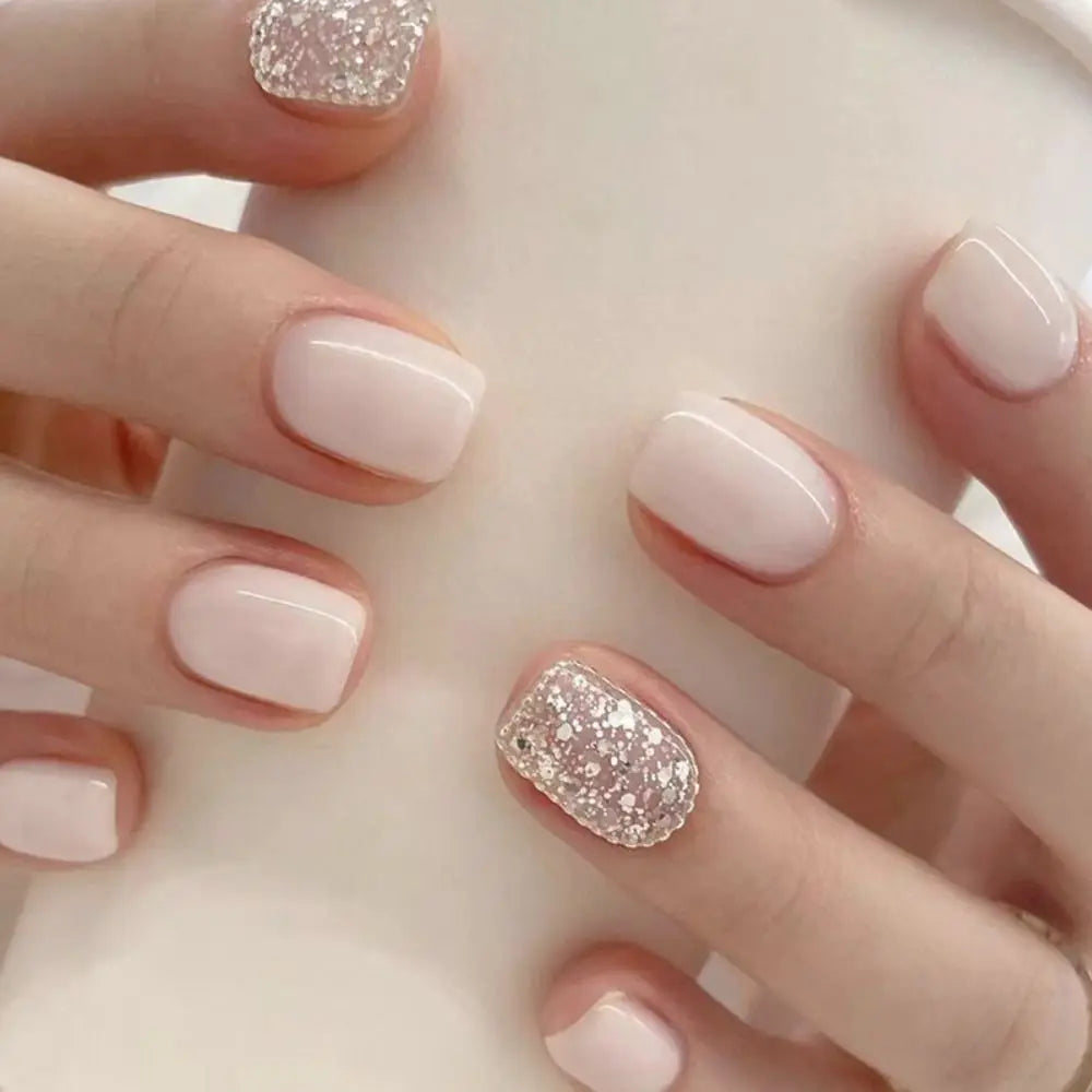 24pcs Short Round French Sparkling Pearl Wavy Love Heart Full Cover Detachable False Press On Nails