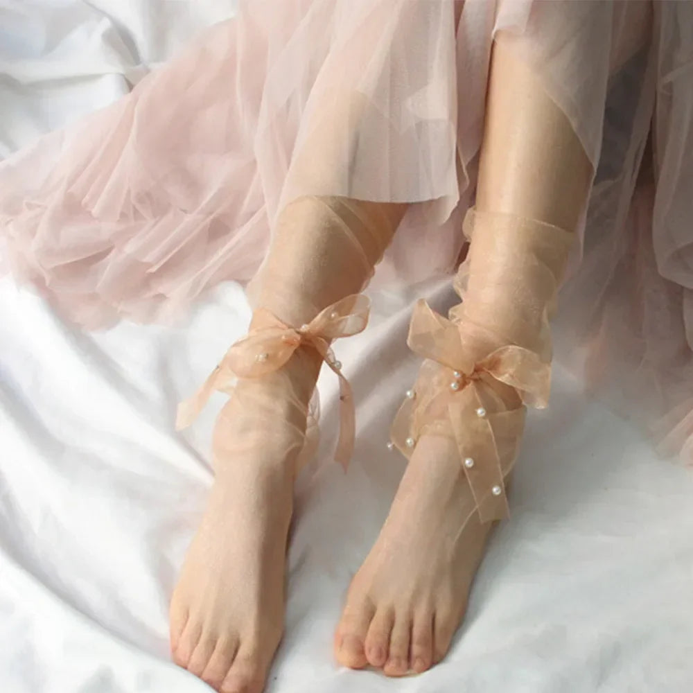 New Ultra-Thin Tulle Transparent Pearls Long Chiffon Lace Up Black Beige Nude Women Socks Stockings