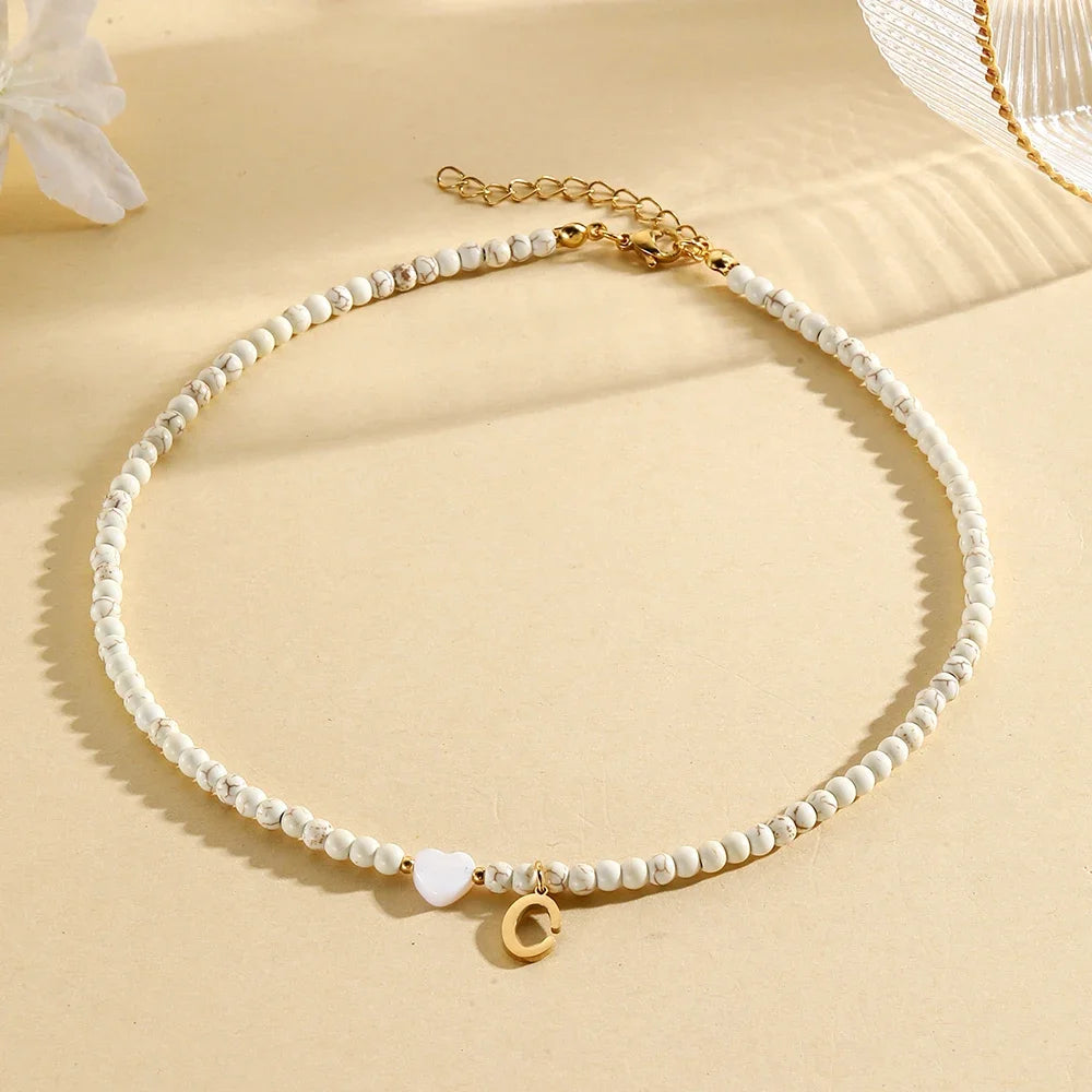 Bohemian Trendy A-Z Initial Heart Shaped Shell letter Pendant Beads Gold Women Necklace Choker