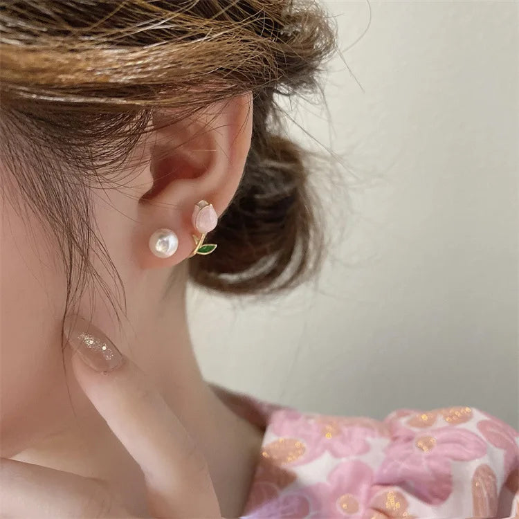 Sweet Fashion Enamel Pearl Tulip Flower Korean Zircon Back Hanging Gold Women Earrings Jewelry Gifts