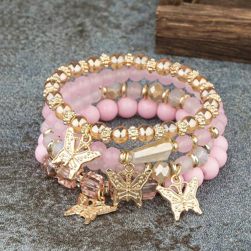 4pcs Trendy Butterfly Beaded Acrylic Beads Bohemian Elastic Chain Gold Women Bracelet Set Bangle Set