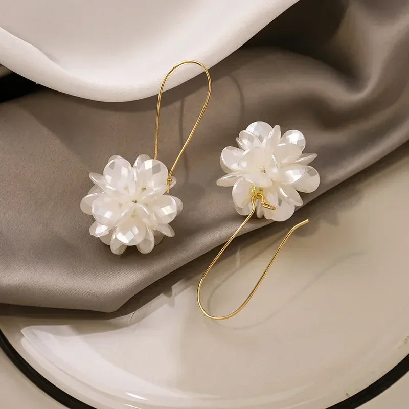 Pearl Petal Ball Fashion Trend Long White Flower Ball Geometric 3D Gold Women Earrings Jewelry Gifts