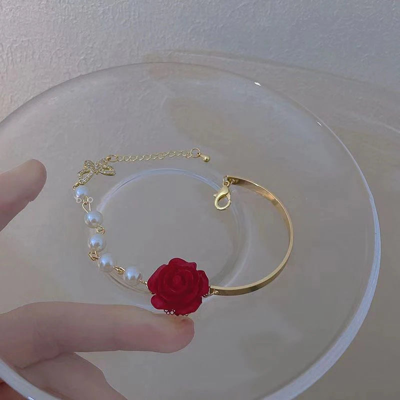 Korean Style Red White Rose Imitation Pearl Light Luxury Adjustable Cuff Gold Women Bracelet Jewelry