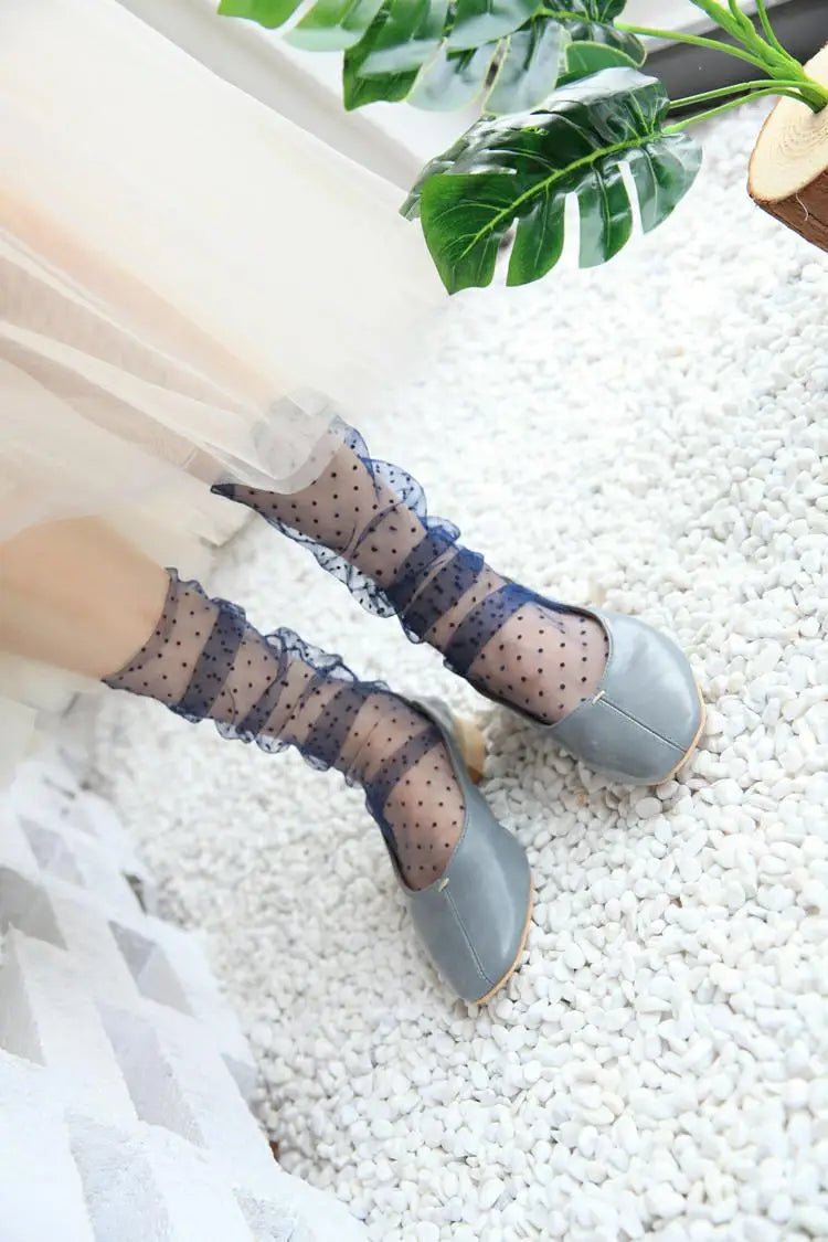Sexy Dot Lace Transparent Mesh Ankle Ultra-Thin Princess Tulle Black White Grey Girls Women Socks