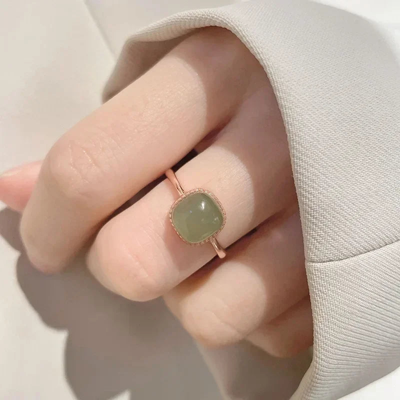 New Imitation Jade Retro Fashion Sweet Finger Simple Adjustable Open Gold Women Rings Jewelry Gift