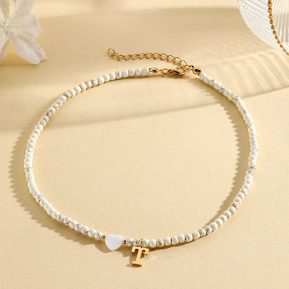 Bohemian Trendy A-Z Initial Heart Shaped Shell letter Pendant Beads Gold Women Necklace Choker