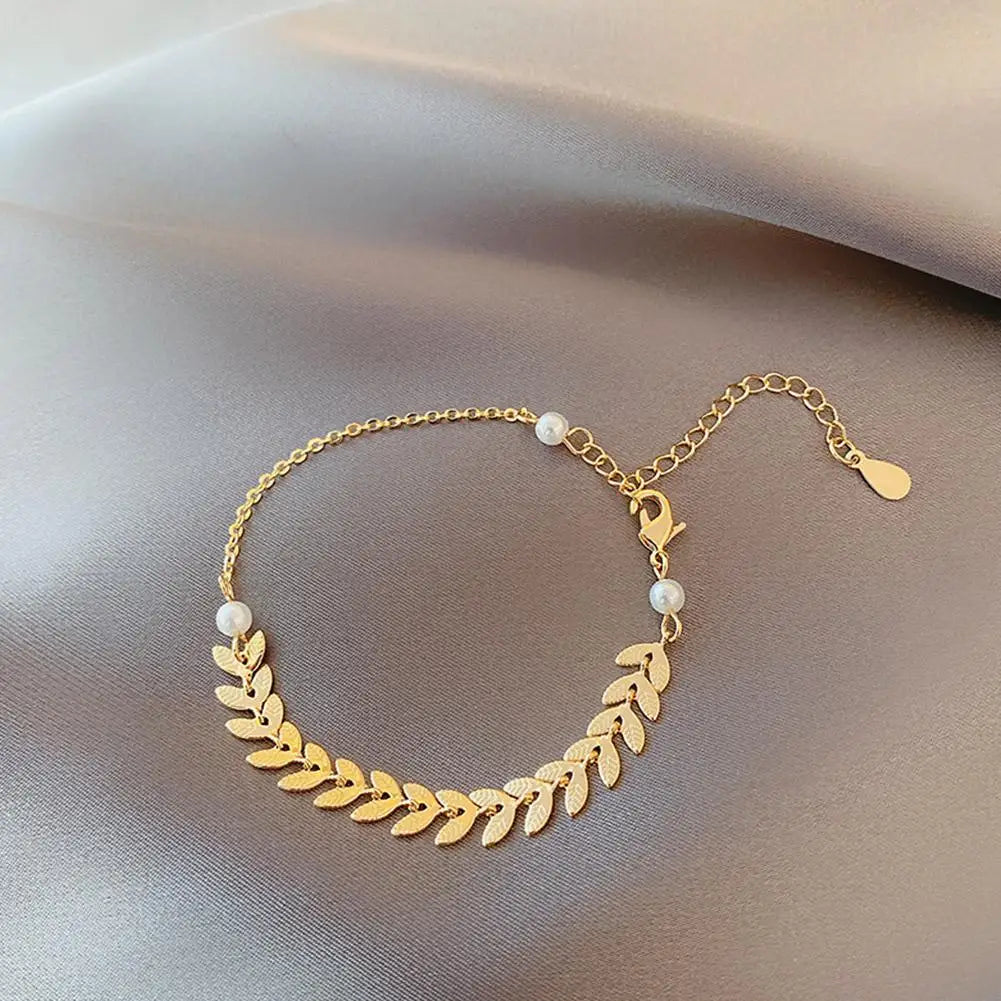 New Simple Wheat Ear Pearl Temperament Lucky Gold Charm Women Bracelet Necklace Earrings Jewelry Set