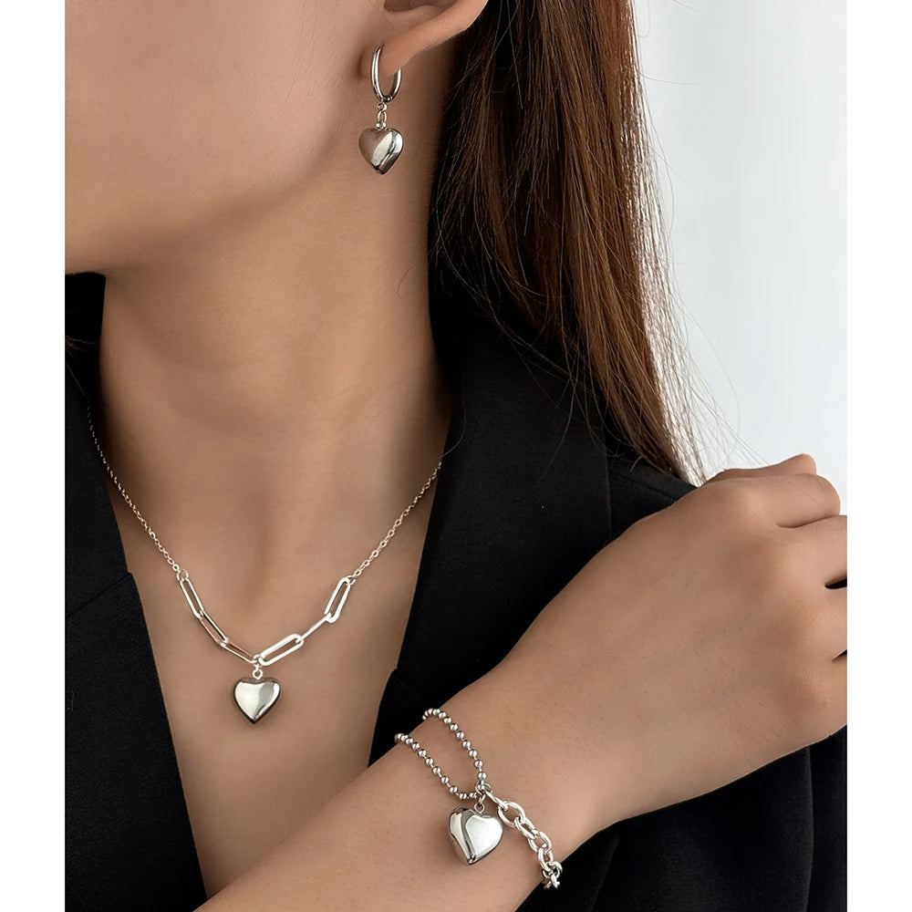 Hanging Heart Design Atmosphere Light Luxury Gold Silver Women Bracelet Necklace Earring Jewelry Set