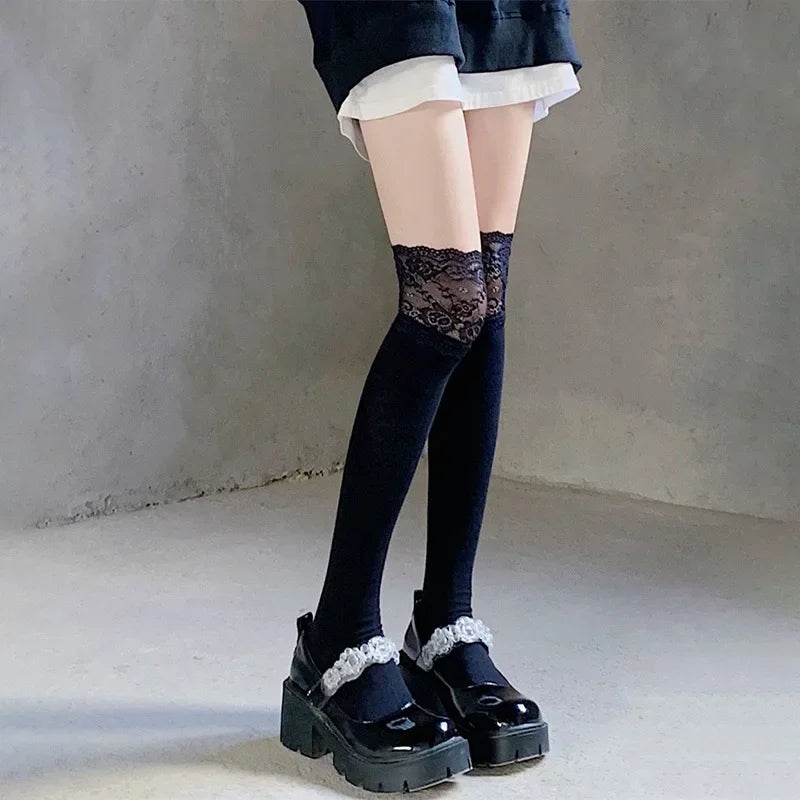 Autumn Winter Black White Thigh High Lace Cute Lolita Thick Warm Long Leg Socks Women Stockings