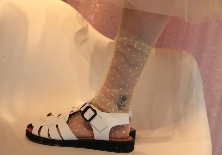 Sexy Dot Lace Transparent Mesh Ankle Ultra-Thin Princess Tulle Black White Grey Girls Women Socks