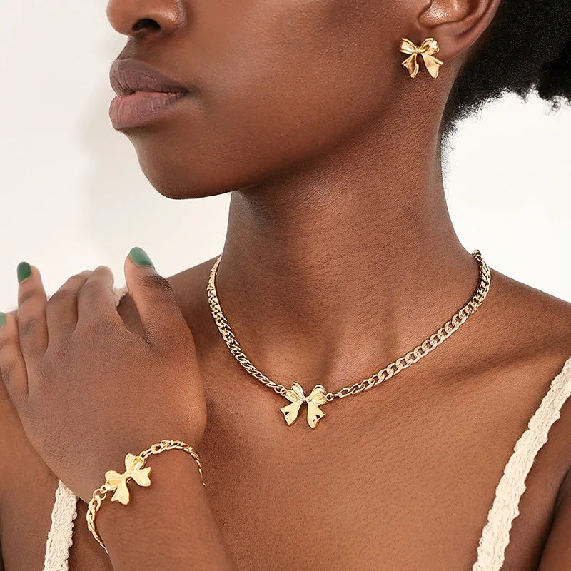 Chain Bowknot Imitation Pearl Fashion Classic Necklace Earrings Bracelet Gold Women Jewelry Set Gift