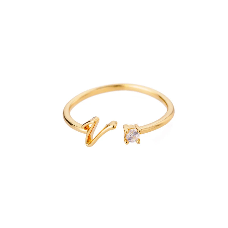 A-Z Initial Open Adjustable Wedding Trendy Crystal Zircon Gold Couple Women Rings Jewelry Gift