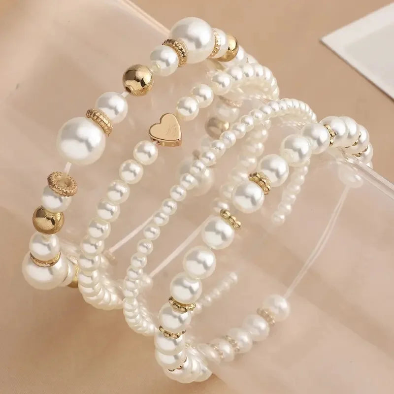 4pcs Beautiful Versatile Pearl Gold Beads Love High Grade Elegant Fashion Women Bracelet Bangle Set