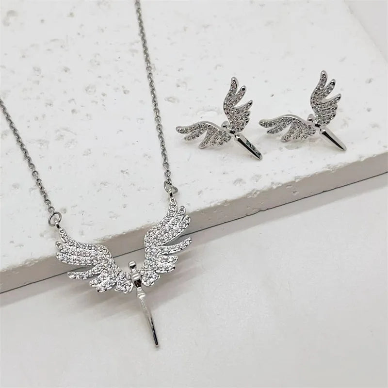 Fashionable Cute Micro-embellished Angel Wings Pendant Women Clavicle Necklace Earrings Jewelry Set