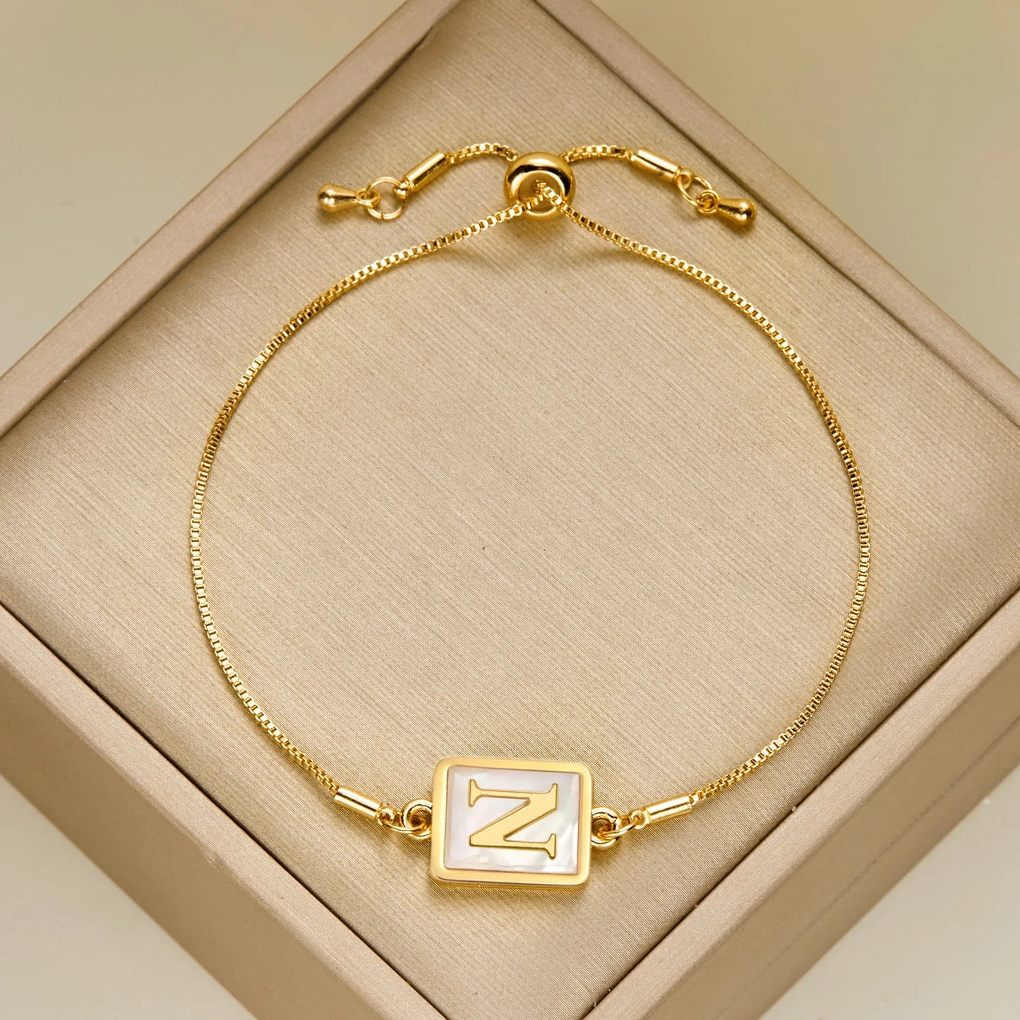 Luminous Square White Shell 26 Alphabet A-Z Initials Letters Adjustable Chain Gold Women Bracelet