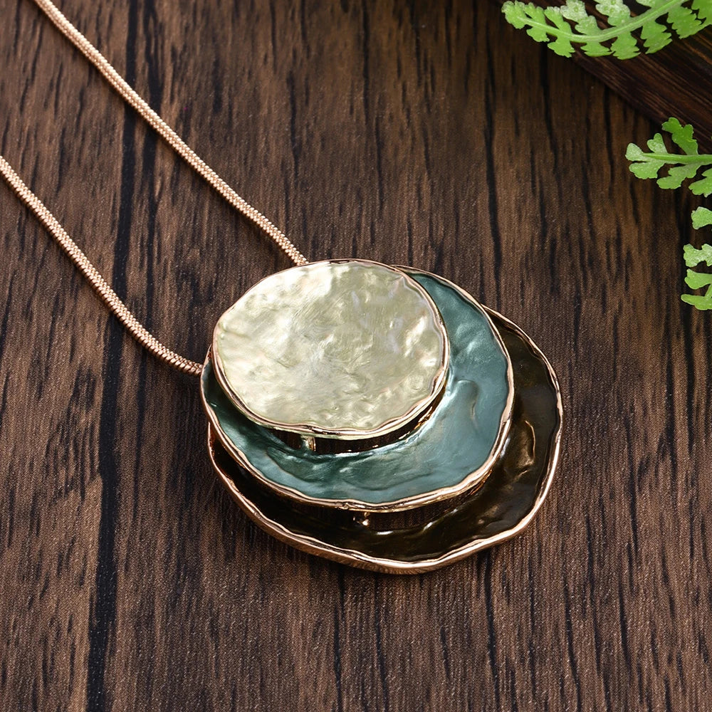 Fashion Trendy Oil Drip 3 Layers Geometric Round Pendant Necklace Earrings Gold Women Jewelry Set