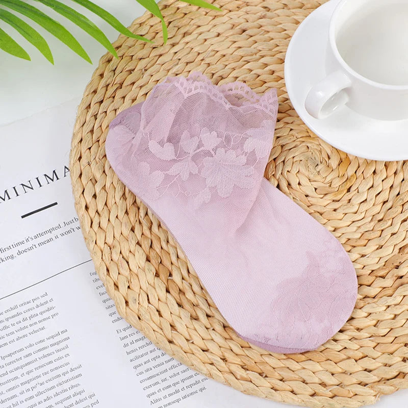 5 Pairs Socks Lace Transparent Lolita Invisible Thin Non-slip Short Ankle Low Cut Boat Women Socks