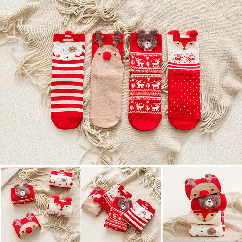 3 Pairs New Year Cute 3D Cartoon Decorative Middle Tube Cotton Winter Fall Christmas Socks Gifts