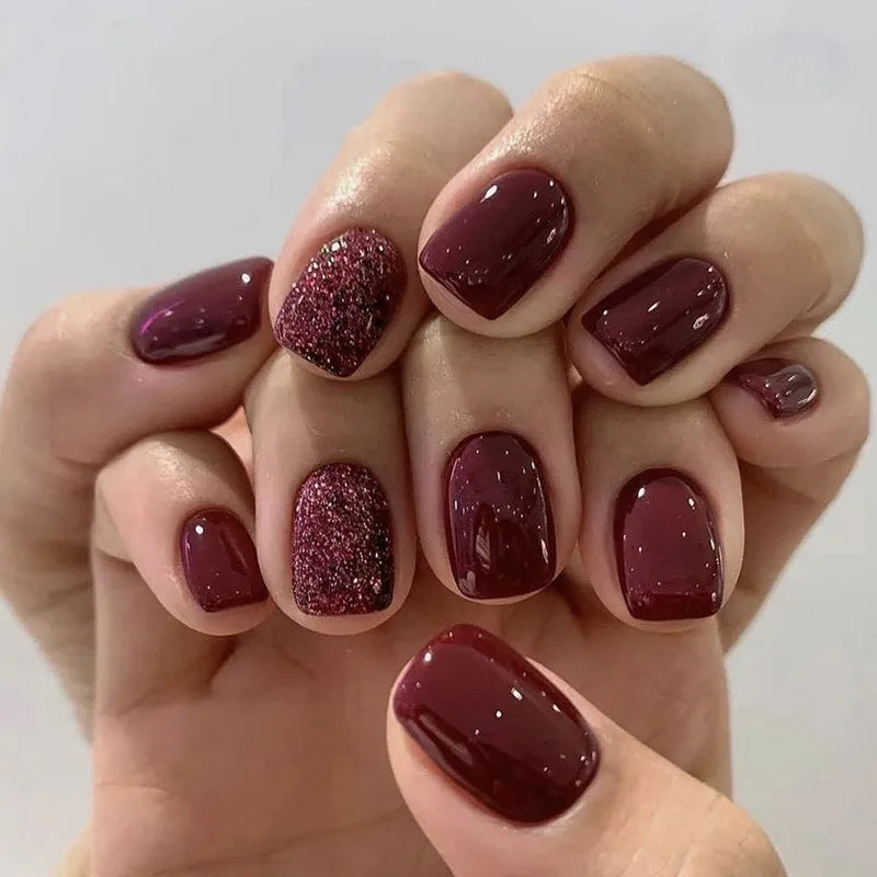 24pcs Short Round French Sparkling Pearl Wavy Love Heart Full Cover Detachable False Press On Nails